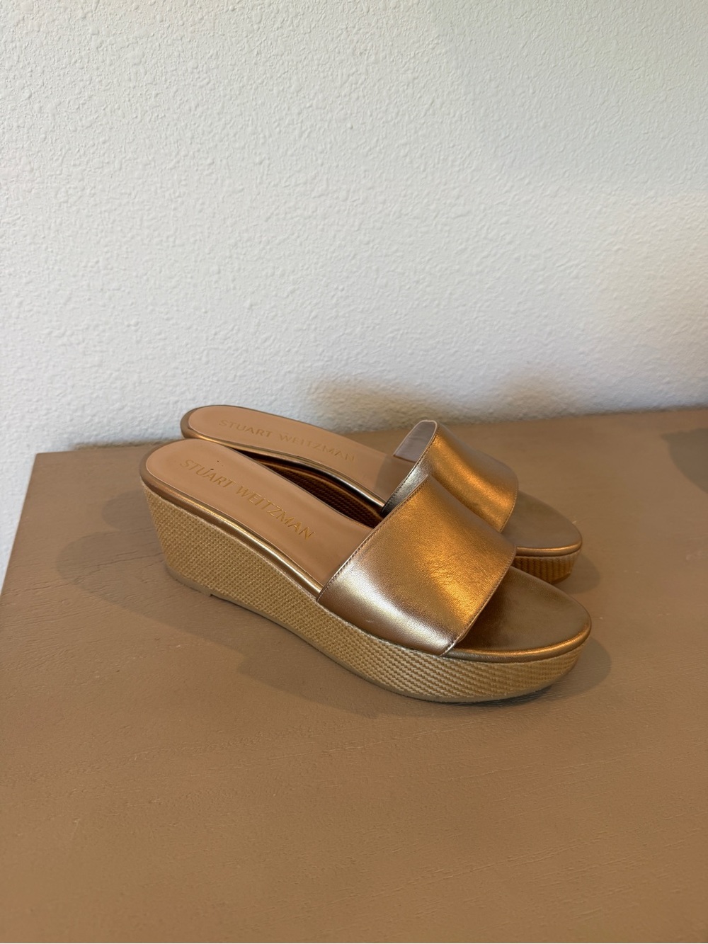 Stuart Weitzman Gold Wedge Slide Sandals